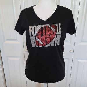 Gildan Football Mom V-Neck T-Shirt Black W/Silver & Red Bling Size L 100% Cotton